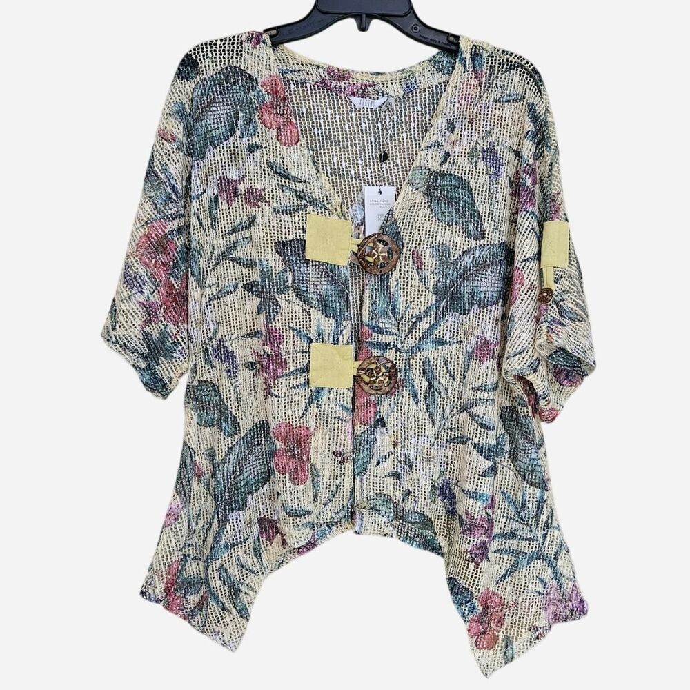 boho beachy tropical floral open weave top cardigan deadstock